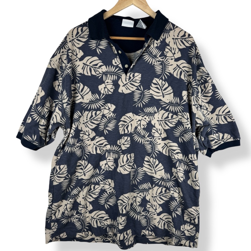Bugle Boy Vintage Y2K Mens Tropical Leaf Polo Shirt Size XXL‎ Surfer Resort AOP